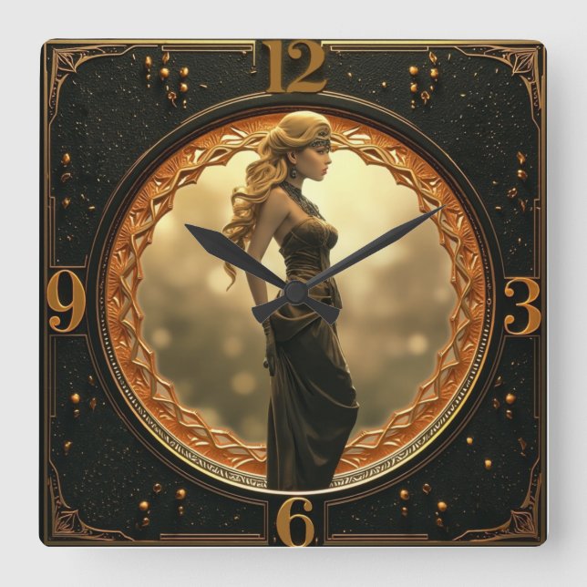 Reloj Cuadrado Art Deco with fantasy girl (Anverso)