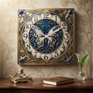 Reloj Cuadrado Art Nouveau Blue and Gold Pearl Butterfly Motif