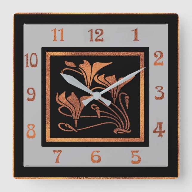 Reloj Cuadrado Art Nouveau (cobre y negro) (Anverso)