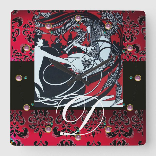 Reloj Cuadrado ART NOUVEAU FAUN Borgoña Rojo, Damasco Negro (Anverso)