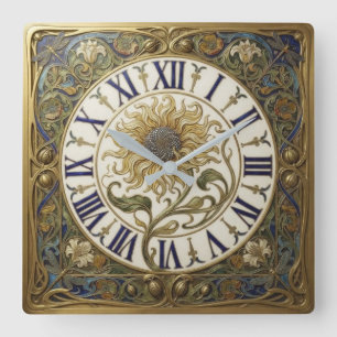 Reloj Cuadrado Art Nouveau Sunflower and Dragonfly Enamel Frame