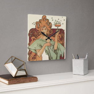 Reloj Cuadrado Art Nouveau vintage, Champagne de Alphonse Mucha