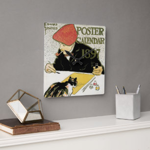 Reloj Cuadrado Art Nouveau vintage, pintura artística con gato Ma