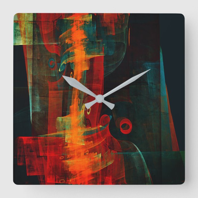 Reloj Cuadrado Arte abstracto de cascada de Naranja rojo azul (Anverso)