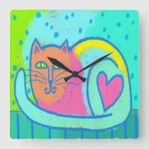 Reloj Cuadrado Arte abstracto de gato amoroso