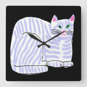 Reloj Cuadrado Arte abstracto de gato con rayas moradas