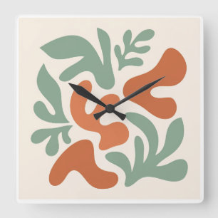 Reloj Cuadrado arte abstracto de pared en verde salvia y terracot