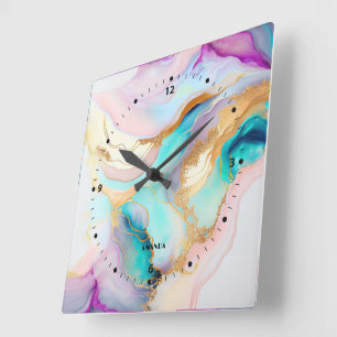 Reloj Cuadrado Arte abstracto de purpurina con tinta de mármol pa
