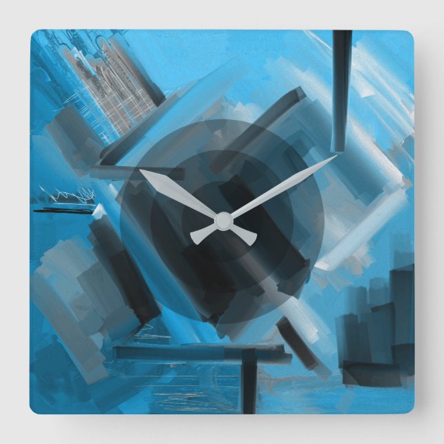 Reloj Cuadrado Arte abstracto dinámico moderno de gris negro azul (Anverso)