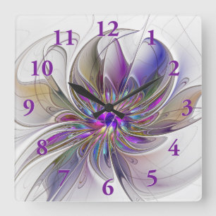 Reloj Cuadrado Arte abstracto fractal de flor enérgico y colorido