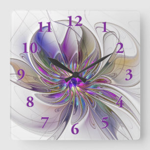 Reloj Cuadrado Arte abstracto fractal de flores enérgico y colori