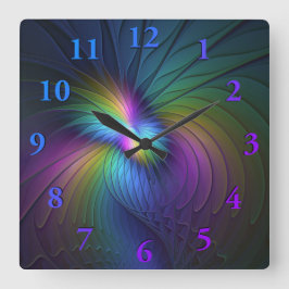 Reloj Cuadrado Arte abstracto fractal moderno colorido con azul