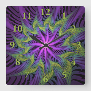 Reloj Cuadrado Arte abstracto fractal moderno de flor verde púrpu