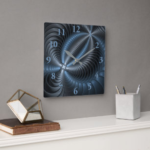 Reloj Cuadrado Arte abstracto moderno fractal 3D gris azul plásti