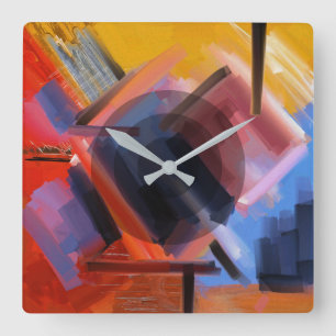Reloj Cuadrado Arte abstracto moderno rojo naranja negro rosa azu