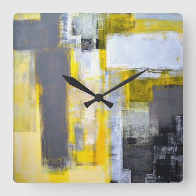 Reloj Cuadrado Arte abstracto "ocupado, ocupado" gris y amarillo (Anverso)