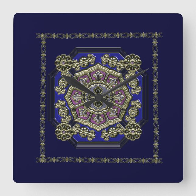 Reloj Cuadrado Arte asiático de decoración tradicional con joyas (Anverso)