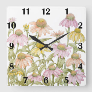 Reloj Cuadrado Arte botánico acuarela de equináceas