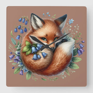 Reloj Cuadrado Arte Botánico de Zorro Floral del Bosque