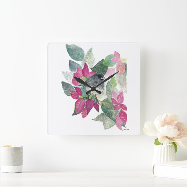 Reloj Cuadrado Arte de acuarela de pájaro oscuro Oyed Junco (Hogar)
