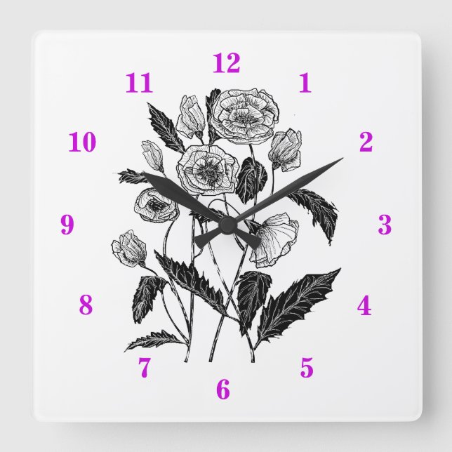 Reloj Cuadrado Arte de amapolas (Anverso)