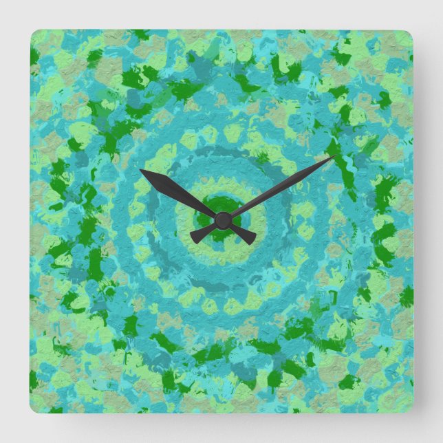 Reloj Cuadrado Arte de barro azul y verde playa (Anverso)