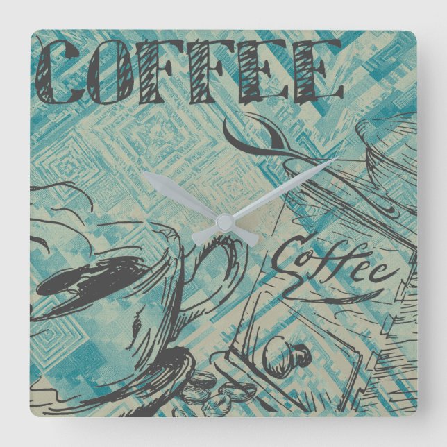 Reloj Cuadrado Arte de café moderno boceto azul (Anverso)