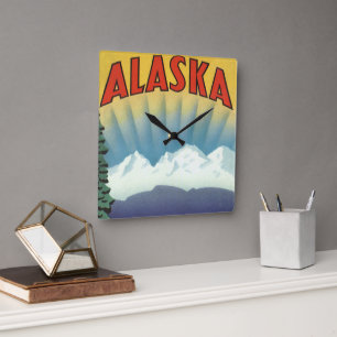 Reloj Cuadrado Arte de cartel de viaje vintage de Alaska, paisaje