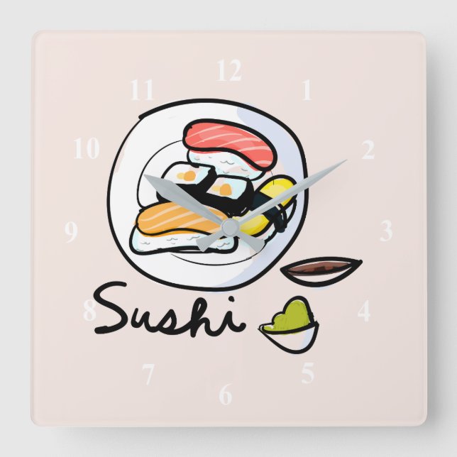 Reloj Cuadrado Arte de cocina japonesa moderno con sushi (Anverso)