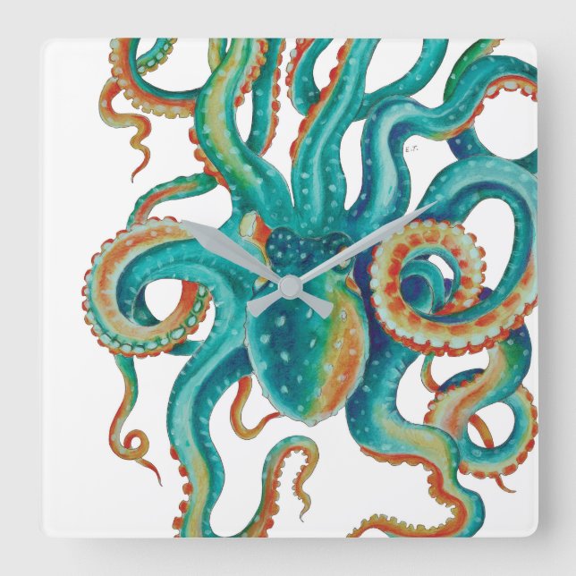 Reloj Cuadrado Arte de cuatricromía Verde azulado Octopus (Anverso)