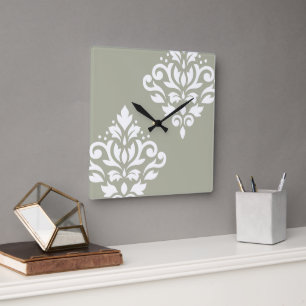 Reloj Cuadrado Arte de Damasco de Rollo I Blanco sobre Verde