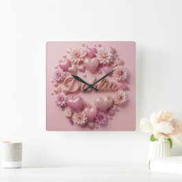Reloj Cuadrado Arte de Flor de Dahlia Pastel con Corazones