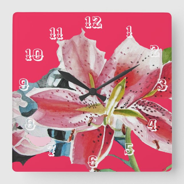 Reloj Cuadrado Arte de flor de lirio rojo Lirios Acuarela  (Anverso)
