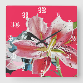 Reloj Cuadrado Arte de flor de lirio rojo Lirios acuarela Flor 