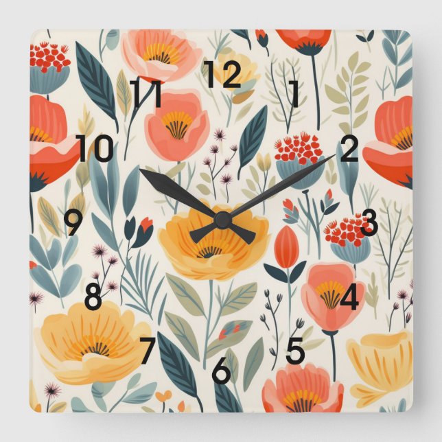 Reloj Cuadrado Arte de flores coloridas (Anverso)