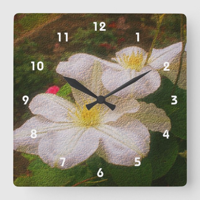 Reloj Cuadrado Arte de flores de blanco clematis (Anverso)