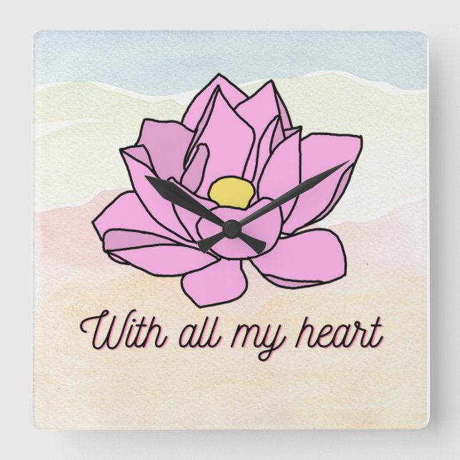 Reloj Cuadrado Arte de flores de Lotus rosa (Anverso)