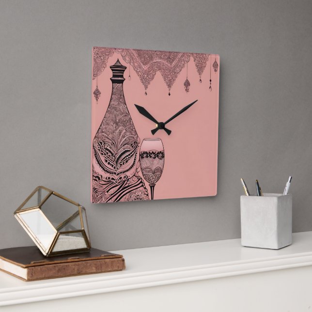 Reloj Cuadrado Arte de IA de Botella y Glass Lace (Oficina)