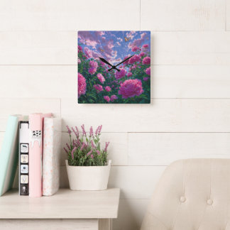 Reloj Cuadrado Arte de jardín de peonías rosadas soñadoras