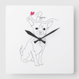 Reloj Cuadrado Arte de línea de Chihuahua con nombre