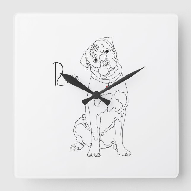 Reloj Cuadrado Arte de línea de Rottweiler con nombre (Anverso)
