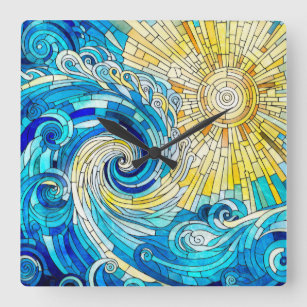 Reloj Cuadrado Arte de mosaico de Ocean Wave Sun