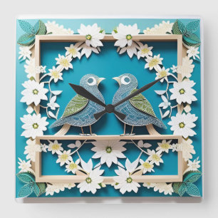 Reloj Cuadrado Arte de papel de pájaros arrendajos azules
