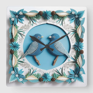 Reloj Cuadrado Arte de papel de pájaros arrendajos azules