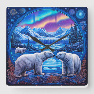 Reloj Cuadrado Arte de Pared de Fauna Invernal de Osos Polares