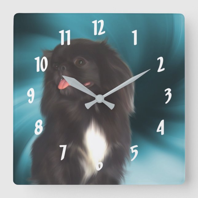 Reloj Cuadrado Arte de perro de Pekín negro (Anverso)