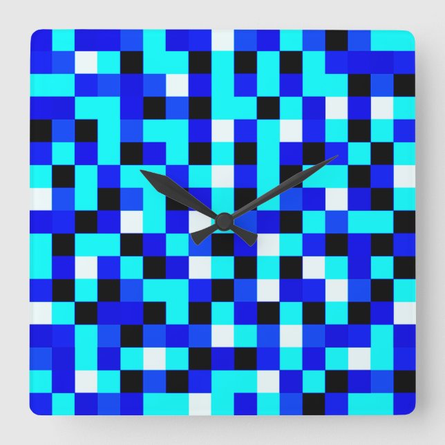 Reloj Cuadrado Arte de píxeles al azar controlado - azul y blanco (Anverso)