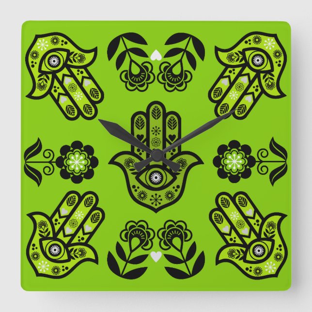 Reloj Cuadrado Arte de Protección de la Mano Hamsa (Anverso)