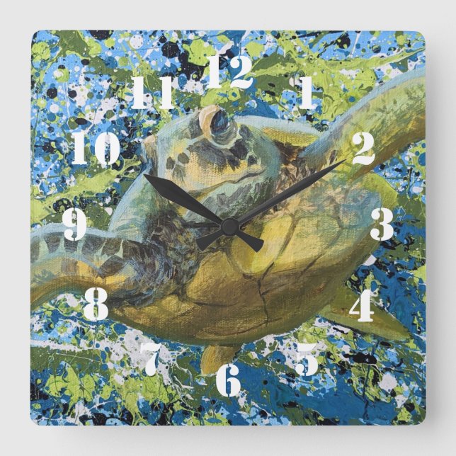 Reloj Cuadrado Arte de salpicaduras de tortuga (Anverso)