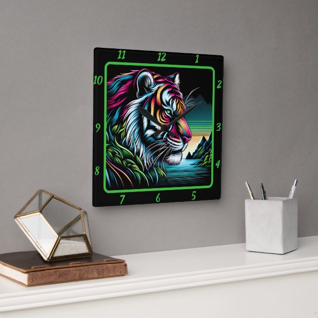 Reloj Cuadrado Arte de Savage Neon Tiger (Oficina)